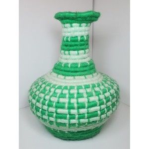 Vintage Clothe Woven 14" Green White Basket Vase Decorative Kitchy
